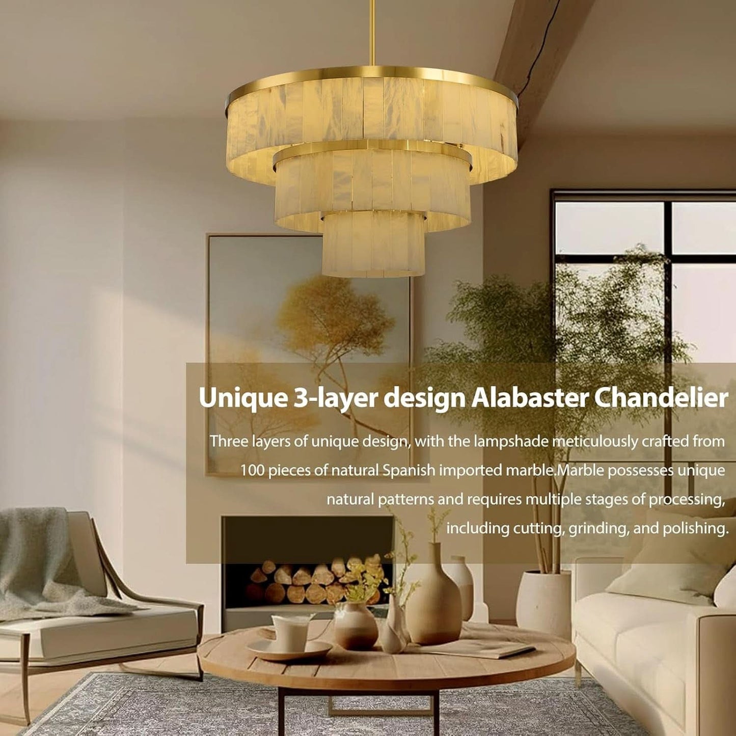 Gold Finish Alabaster 3 Tier Chandelier