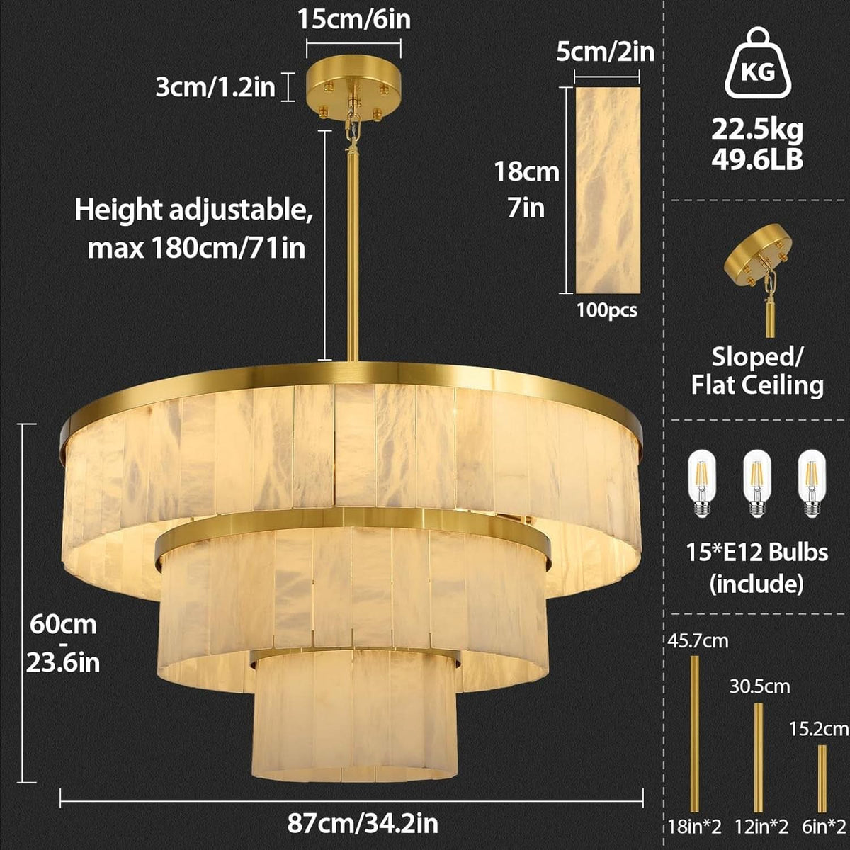Gold Finish Alabaster 3 Tier Chandelier