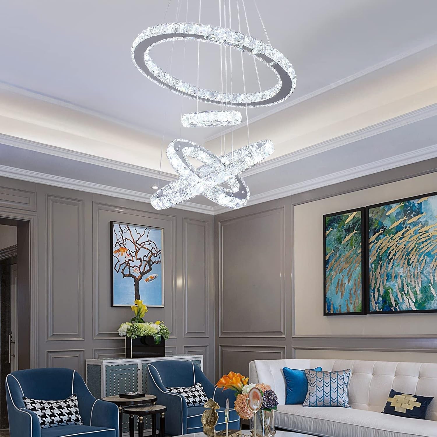 Crystal Ring Chandelier With Cool White Lighting