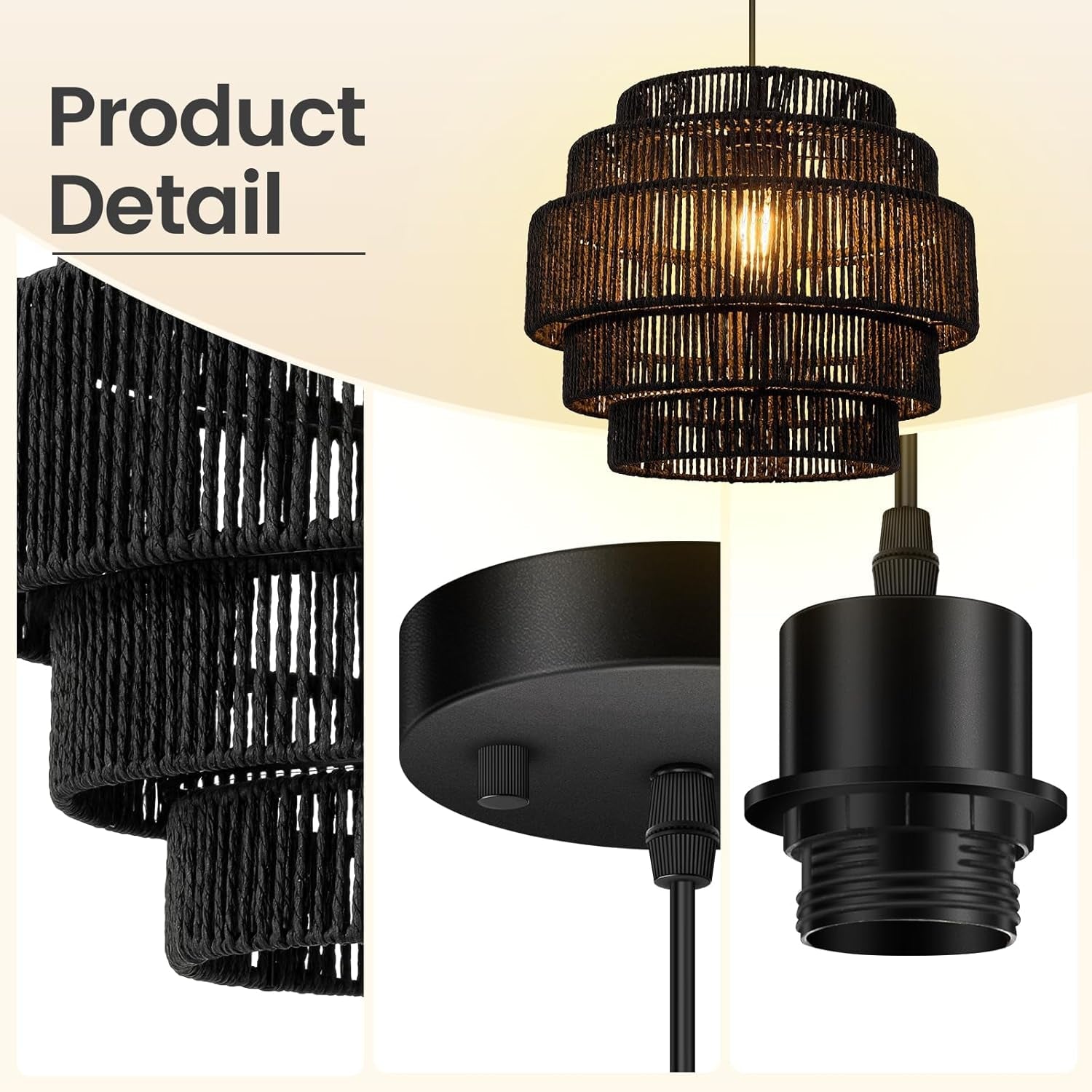 Black Boho Rattan Chandelier With Handwoven Shades-3