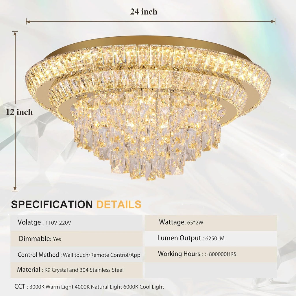 24in Crystal Chandelier Flush Mount Remote Control-3