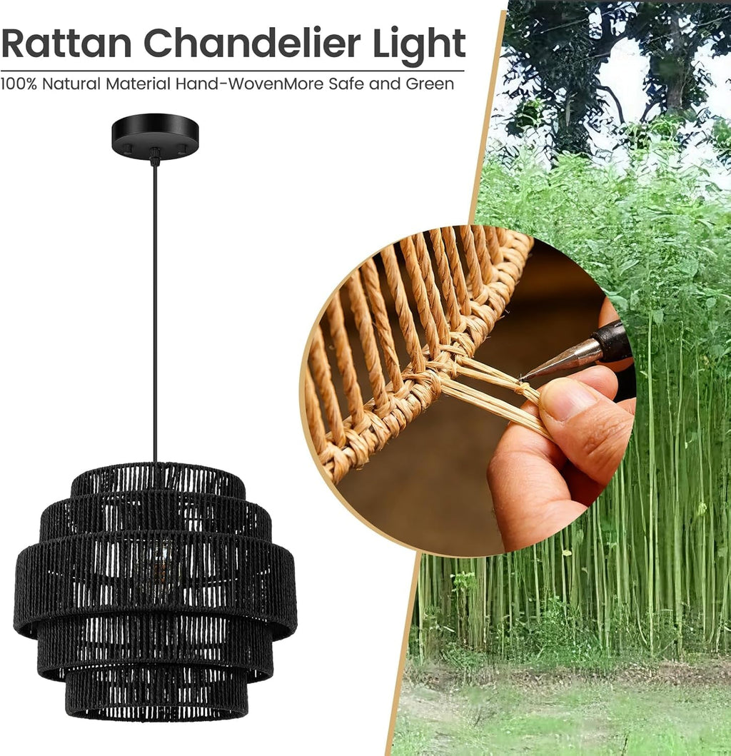 Black Boho Rattan Chandelier With Handwoven Shades-4