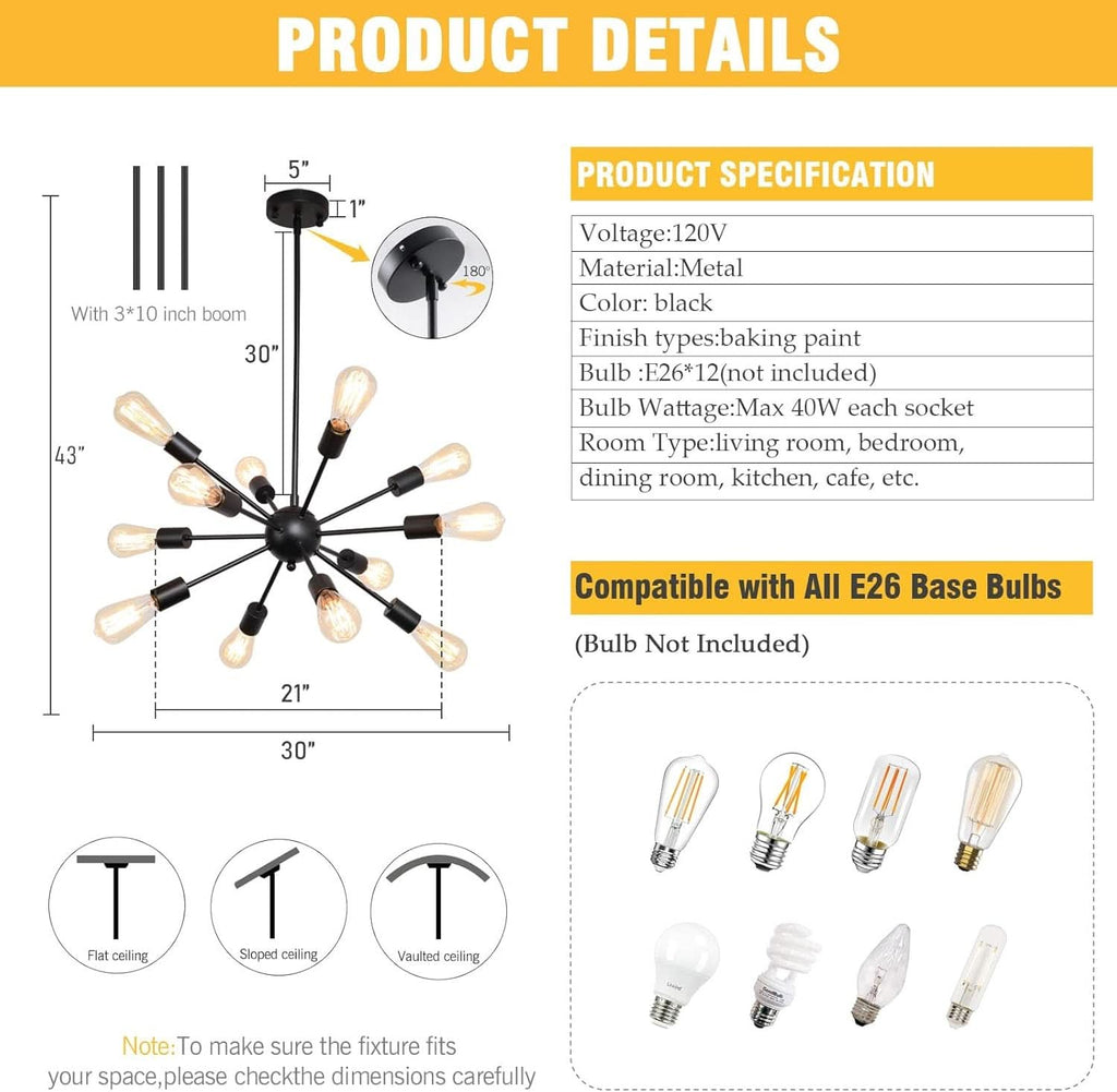 Black 12 Light Sputnik Chandelier Farmhouse Pendant-2