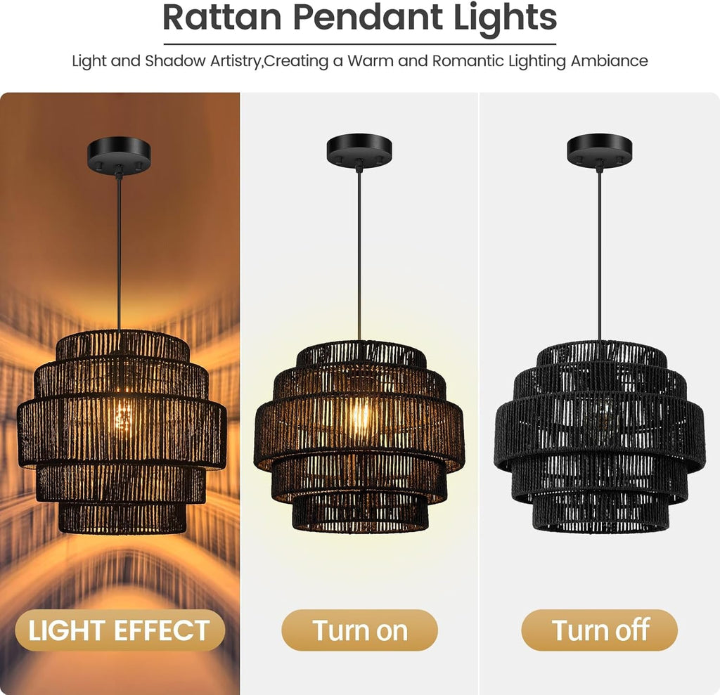 Black Boho Rattan Chandelier With Handwoven Shades-1