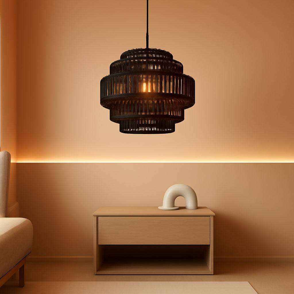 Black Boho Rattan Chandelier With Handwoven Shades-0