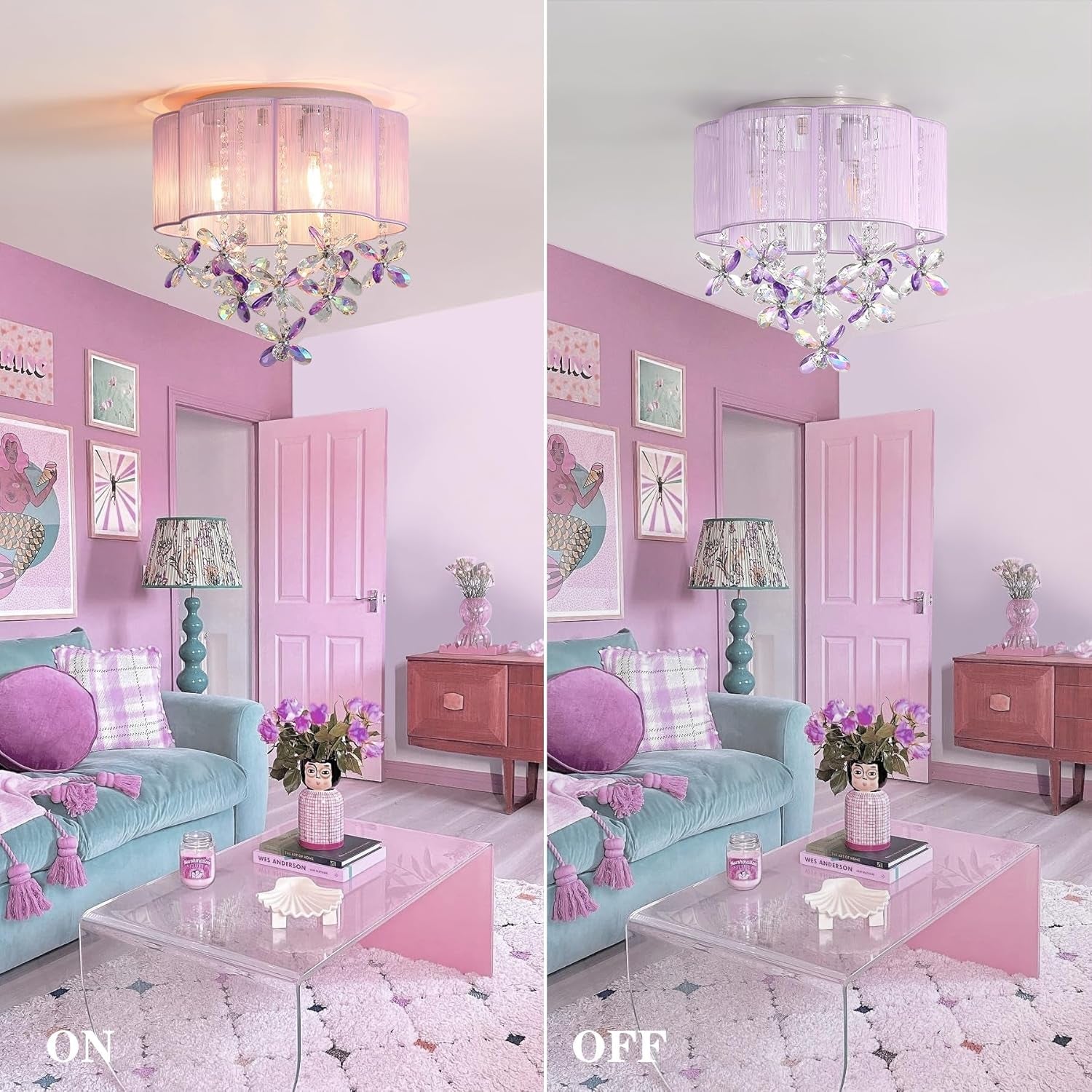Pink 13Inch Light Chandelier With Handmade Lampshade-3