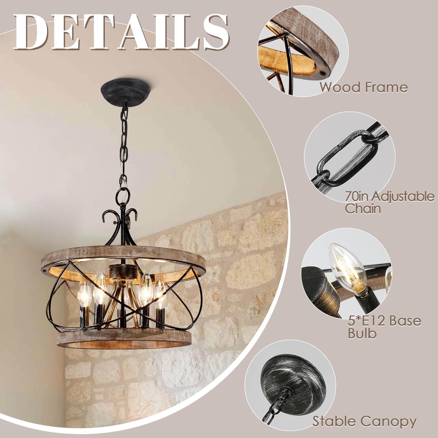 15.7 Inches Farmhouse Chandelier Five Light Dining-4