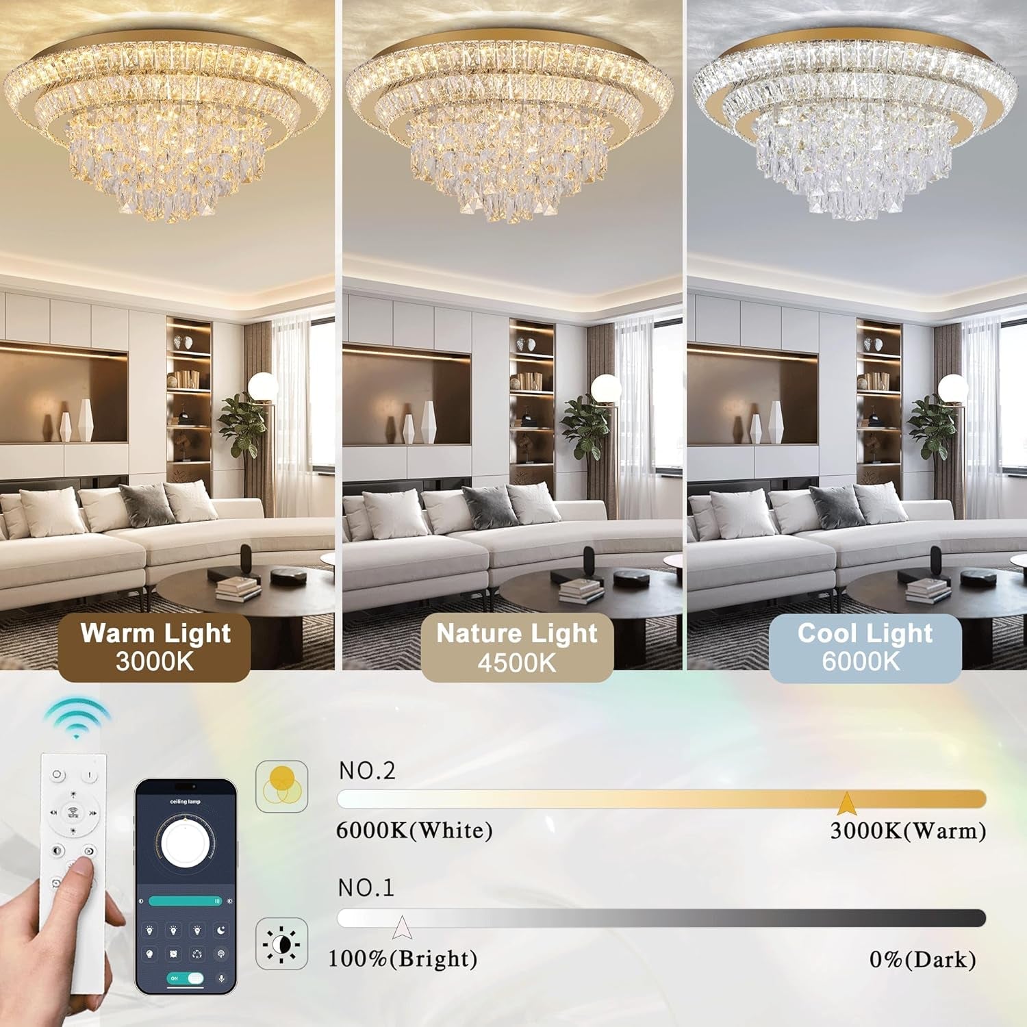 24in Crystal Chandelier Flush Mount Remote Control-4