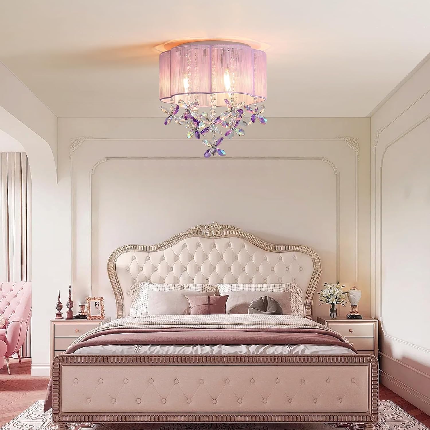 Pink 13Inch Light Chandelier With Handmade Lampshade-4